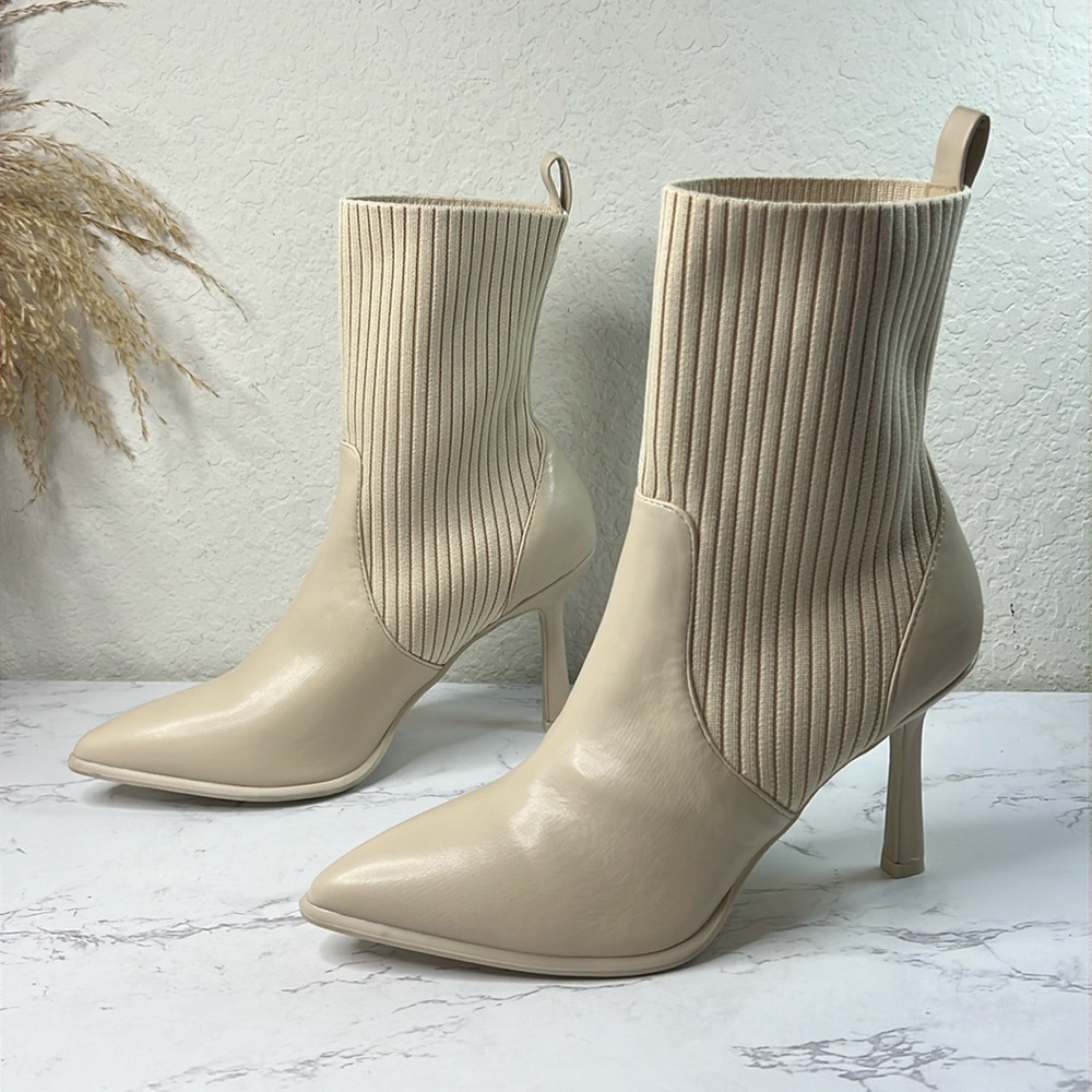 MIA Cream Ribbed Ankle Booties - Picture 2 of 13
